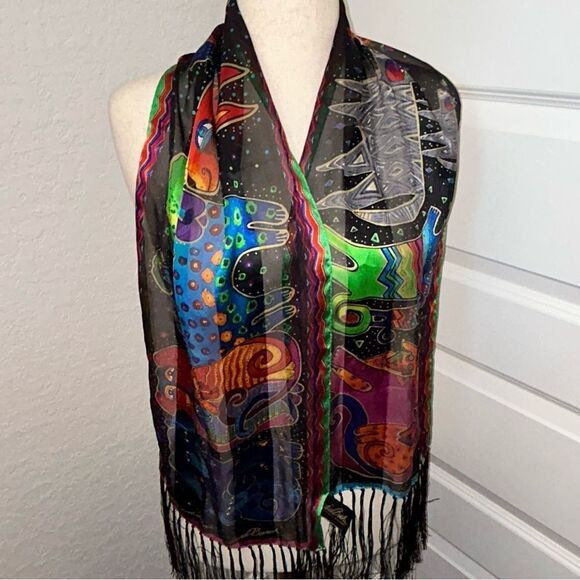 Laurel Burch Dogs & Doggies Print Silk Fringe Scarf - Picture 6 of 6